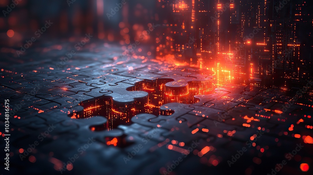 Poster two puzzle pieces on digital background symbolize api integration representing the seamless connecti