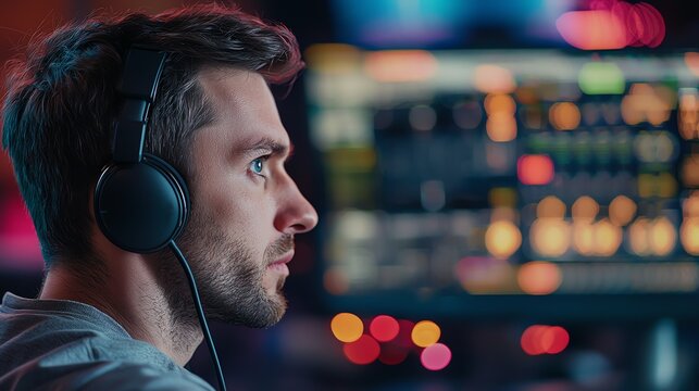 Profile of a focused man wearing headphones, immersed in audio production or sound engineering.