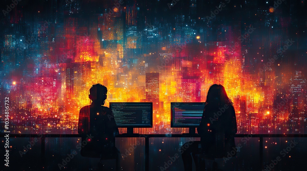 Poster two silhouettes engaged in pair programming collaborating on computers the abstract shapes and vibra