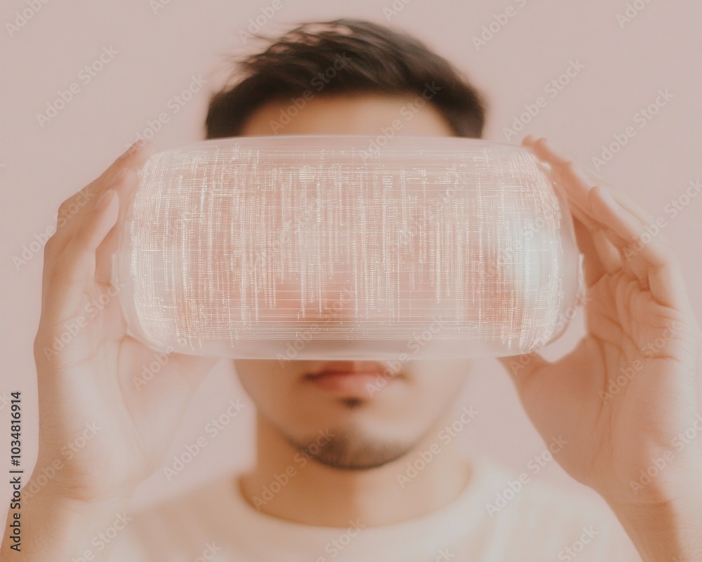 Aufkleber asian male programmer using holographic interface with virtual reality headset at night