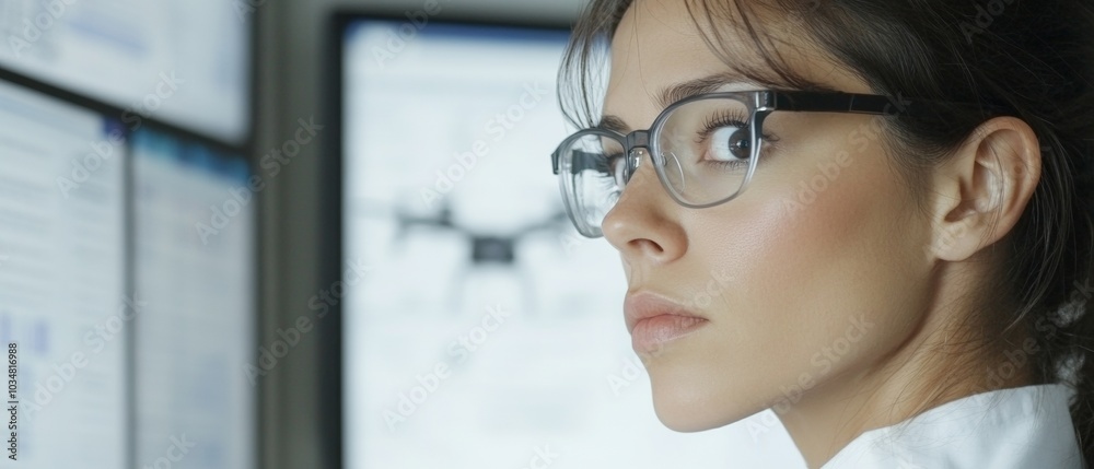 Poster focused female engineer programming drone in high-tech facility during morning