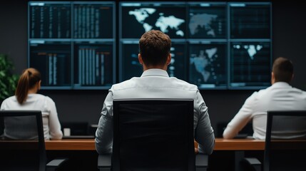 Team analyzing data on large screens in a modern office environment.