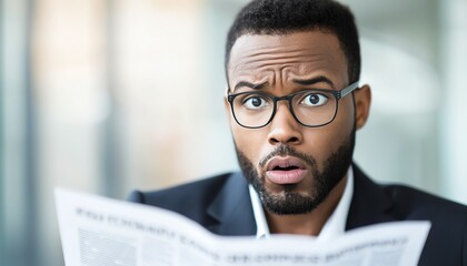 Surprised man reading newspaper with confusion on his face.