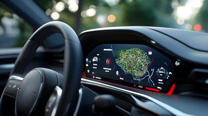 Glowing digital map display on the dashboard of a sleek futuristic 3D illustrated vehicle