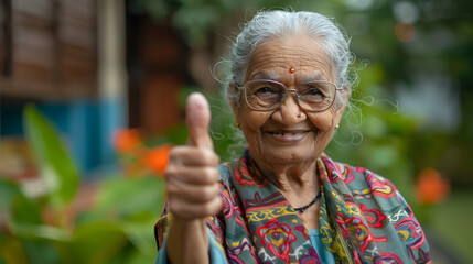Old age happy Indian woman showing Ok or thumbs up sign
