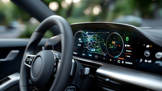 Sleek and Futuristic 3D of a Car Dashboard with Glowing GPS Navigation Overlay and Cutting Edge Digital Controls and Interface