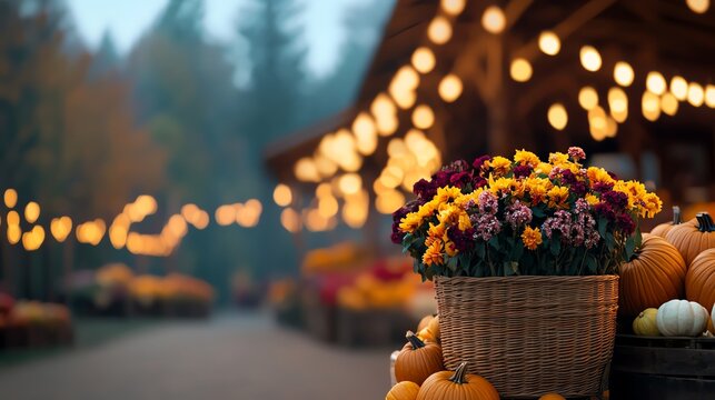 Vibrant autumn scene with pumpkins and colorful flowers under warm lights in a rustic market setting.