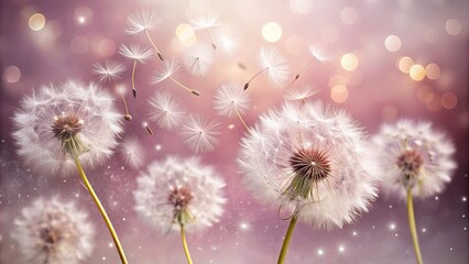 Delicate Dandelion Wishes Floating on a Softly Blurred Background of Warm Lights