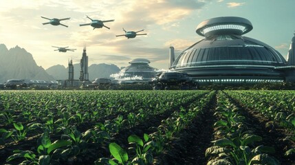 Futuristic Agriculture : Fields of genetically modified crops, overseen by drones and AI