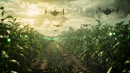 Futuristic Agriculture : Fields of genetically modified crops, overseen by drones and AI