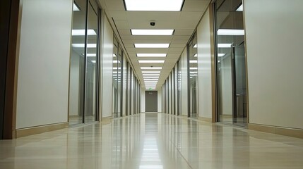 Naklejka premium Long, Empty Hallway in a Modern Office Building