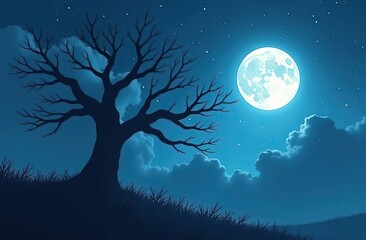The silhouette of a spooky bare branch halloween tree against a winter blue night sky with a glowing full moon and clouds