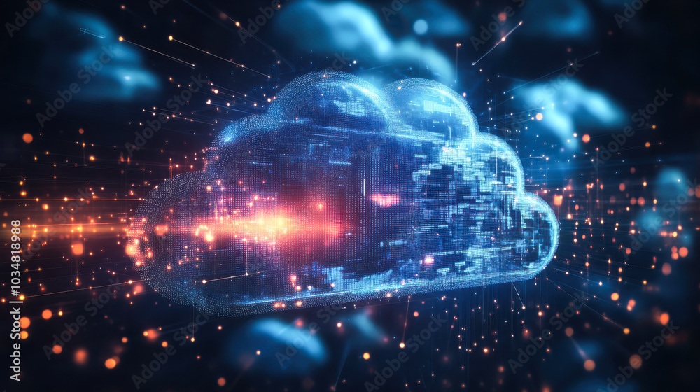 Poster cloud computing. the data transfer and storage concept has a cloud in the middle connected to a whit