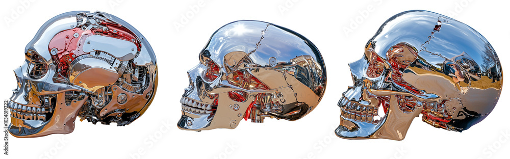 Aufkleber collection of three chrome skulls showcasing intricate details and reflections, set against transpar