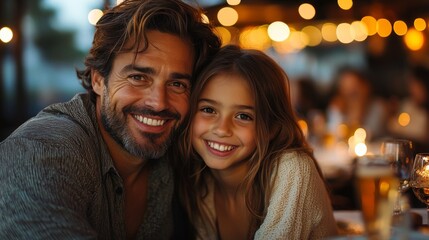 A father shares a heartfelt smile with his young daughter at an outdoor cafe, surrounded by warm lights and a relaxed atmosphere during the evening.