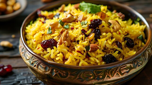 A bowl of vivid yellow rice with syrup from zarda topped with dried produce nuts and cherries