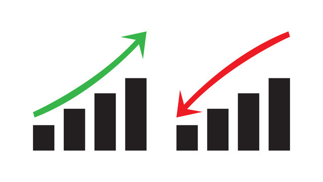 Graphic bar charts illustrating financial gains with a green upward arrow and losses with a red downward arrow.