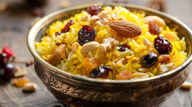 A bowl of vivid yellow rice with syrup from zarda topped with dried produce nuts and cherries