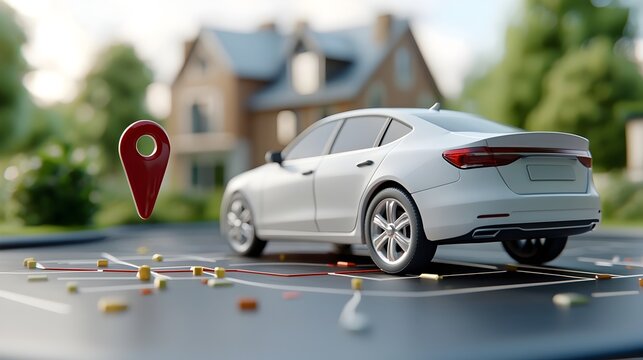 Minimalist 3D car design with GPS coordinates overlay and smooth digital map interface showcasing a modern city background and navigation system for car tracking and mobility solutions