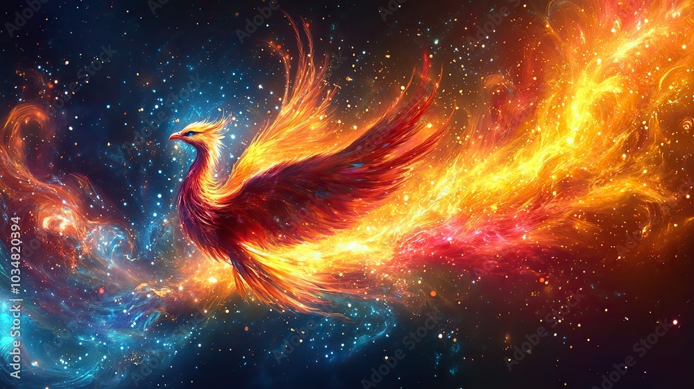 Poster vibrantof phoenix bird symbolizing the rise of powerful programming language framework set against d
