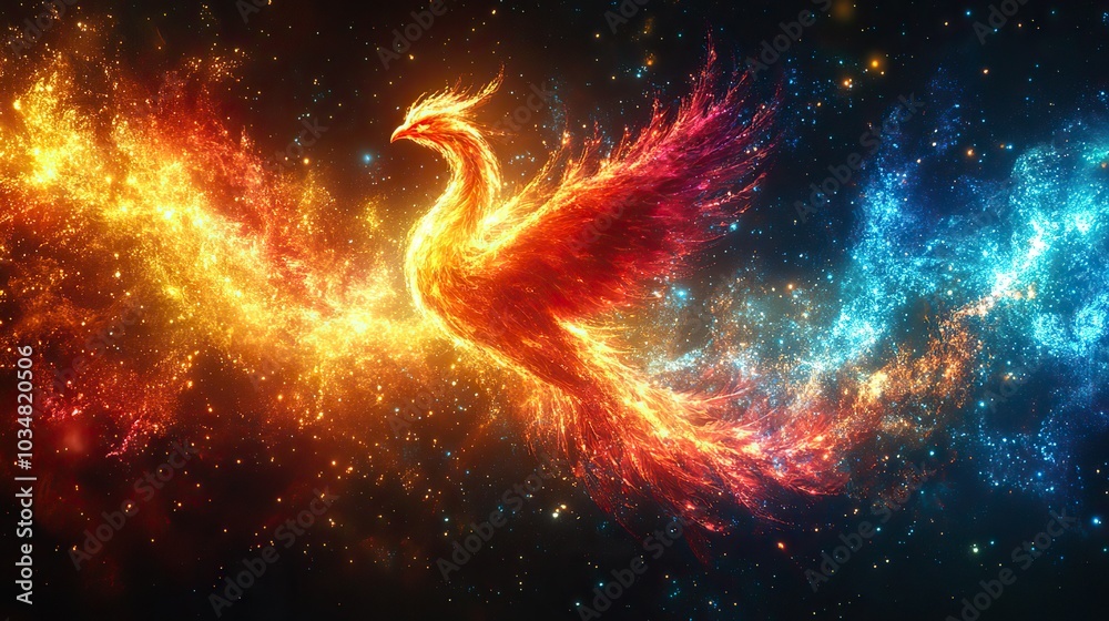 Poster vibrantof phoenix bird symbolizing the rise of powerful programming language framework set against d