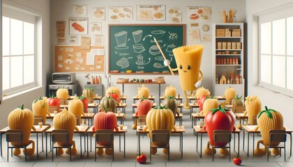 A classroom where 3d rendered pasta cartoon characters are learning how to become delicious meals. A spaghetti teacher draws diagrams on a blackboard.