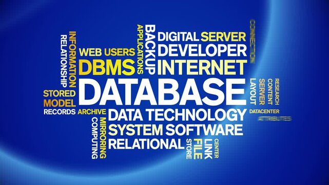 Database animated word cloud;text design animation tag kinetic typography seamless loop.