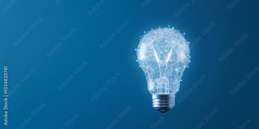 Poster illuminated digital circuit light bulb on blue background - innovation and technology concept