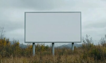 Fototapeta premium Blank Urban Billboard in Overgrown Field on Cloudy Day, Perfect for Halloween Advertisement Mockup