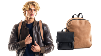 Young Blonde Man With Backpacks Isolated on a Transparent Background Generative AI