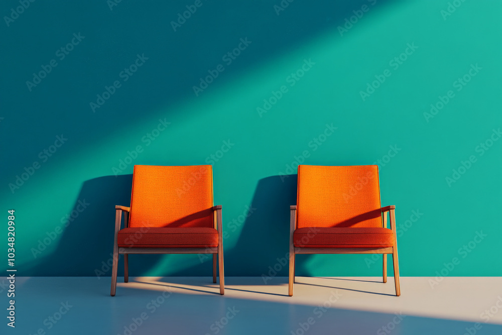 Wall mural two orange chairs positioned across from each other against vibrant turquoise wall create striking v