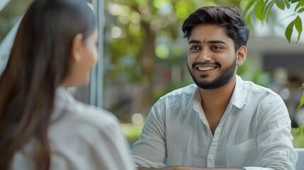 psychology, mental therapy and people concept - happy smiling young indian man patient and woman psychologist at psychotherapy session