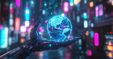 Robot Hand Holding Earth Globe