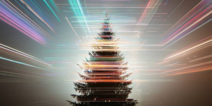 Digital Glitch Art Christmas Tree with Light Trails and Pixel Noise Celebrating Holiday Anticipation
