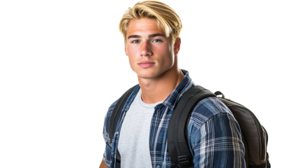 Young Blonde Man With a Backpack on a Transparent Background Generative AI