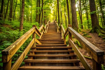 Forced perspective wooden staircase in lush forest trail