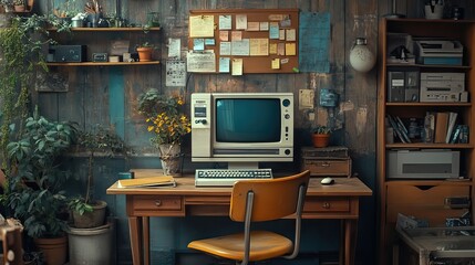 vintage workspace with old computer wooden desk retro chair and cluttered bulletin board evoking nostalgi and creativity.illustration