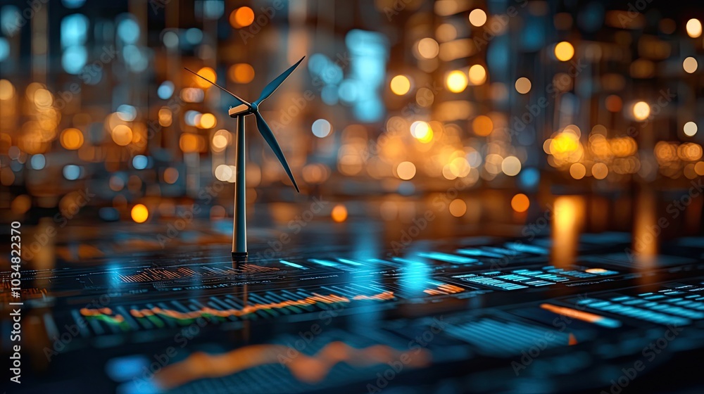 Poster wind turbine in focus with dat analysis charts graphs and diagrams in the background information das