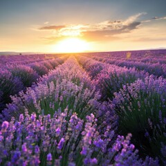 Fototapeta premium Sunset Over Lavender Field Blooming Purple Flowers