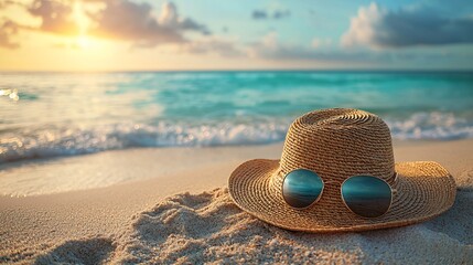 A stylish straw sun hat and sunglasses on a sandy beach, ideal for summer promotions, beach events, or travel marketing. Evokes an inviting, relaxed atmosphere.