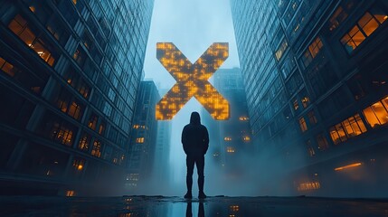 x sign logo amidst towering buildings symbolizes compute power derived from social medi data.image