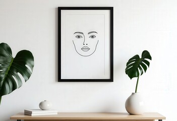 Framed Line Art with Monstera Plant  .