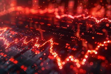 A visualization of stock market data featuring glowing red lines that depict trends and fluctuations. The dark background enhances the vibrant red colors, creating an abstract financial atmosphere.