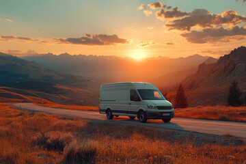 White delivery van driving along the scenic mountain road at sunset. 