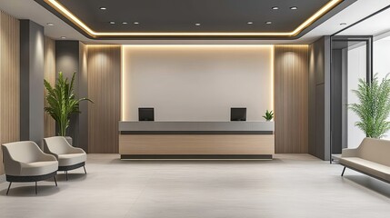 Modern Office Reception Area with Wooden Accents and Minimalist Design