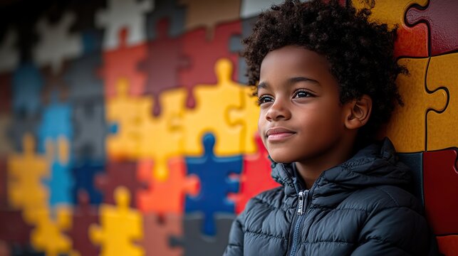 young boy with autism spectrum disorder sits pensively against colorful puzzle wall symbolizing the complexity and uniqueness of the autism experience.image