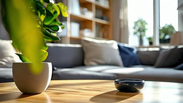 A living room with  a plant  and  a remote  on  a table 