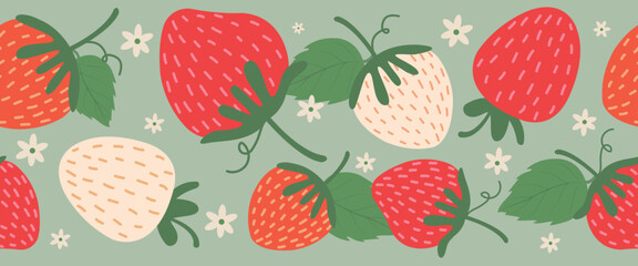 seamless pattern strawberry with flowers. Strawberry decoration design. 