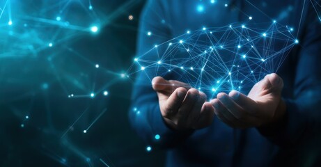 Connection and Innovation: A Man Holds a Holographic Network in His Hands