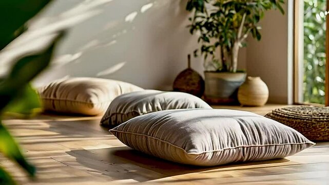 Three cushions  are placed on  the floor  in a sunny room.